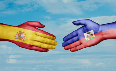 Haiti and Spain country handshaking with flags, consensus concept international co-operation illustration