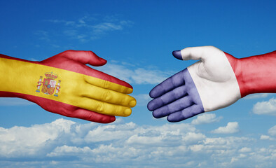 Spain and France country handshaking with flags, consensus concept international co-operation illustration