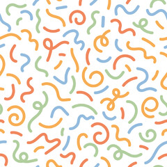 Fun colorful line doodle seamless pattern. Childish scribble shape backdrop. Creative minimalist style art background texture for children or trendy design with colorful lines shapes and dots. 