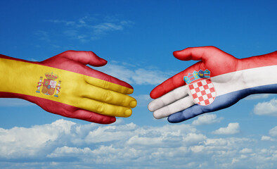 Croatia and Spain country handshaking with flags, consensus concept international co-operation illustration