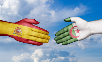 Spain and Algeria country handshaking with flags, consensus concept international co-operation illustration