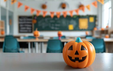 Classroom decorated with Halloweenthemed decorations, kids in costumes, combining school spirit and Halloween fun, Spooky Classroom