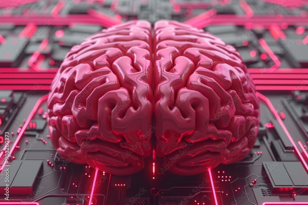 Poster pink brain on a circuit board symbolizing technological innovation and intelligence in a modern high