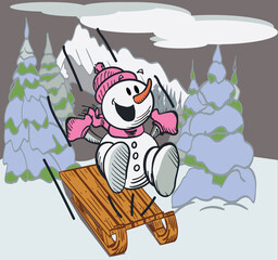 Happy Snowman Sledding down a Mountain Hillside
