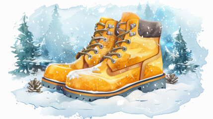 Illustration of yellow boots in a snowy winter landscape with pine trees, emphasizing winter wear and seasonal scenery.