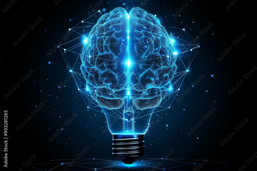 Poster light bulb with a glowing brain symbolizing creativity and intelligence in a modern high tech illust