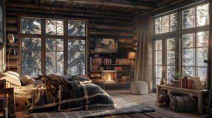 Cozy log cabin interior background