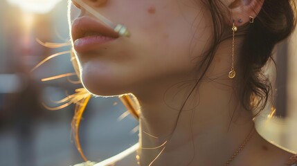 Close-up of jewelry on a girl in the city