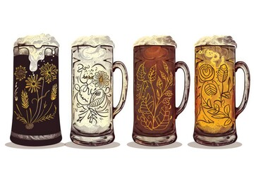 Four different colored mugs with floral designs on them