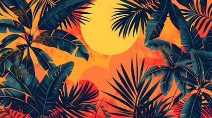 Seamless abstract pattern with sun and palm tree
