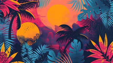 Seamless abstract pattern with sun and palm tree