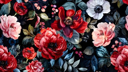 Seamless floral pattern with watercolor flowers