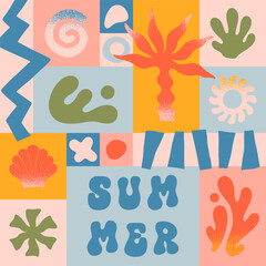 Vector summer illustration with nature organic shapes,doodles.Groovy boho palm,beach,surf,waves,sun,seashells graphic symbols and elements.Summer vacation background in simple funny style.