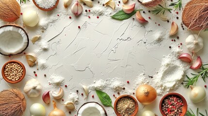 Cooking ingredients background with assorted spices and herbs. Styled for culinary and food blogs. Ideal for recipe sites and kitchen decor. Fresh and vibrant display of food items. AI