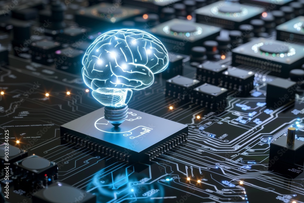 Poster brain light bulb on a circuit board symbolizing technological innovation and intelligence in a moder