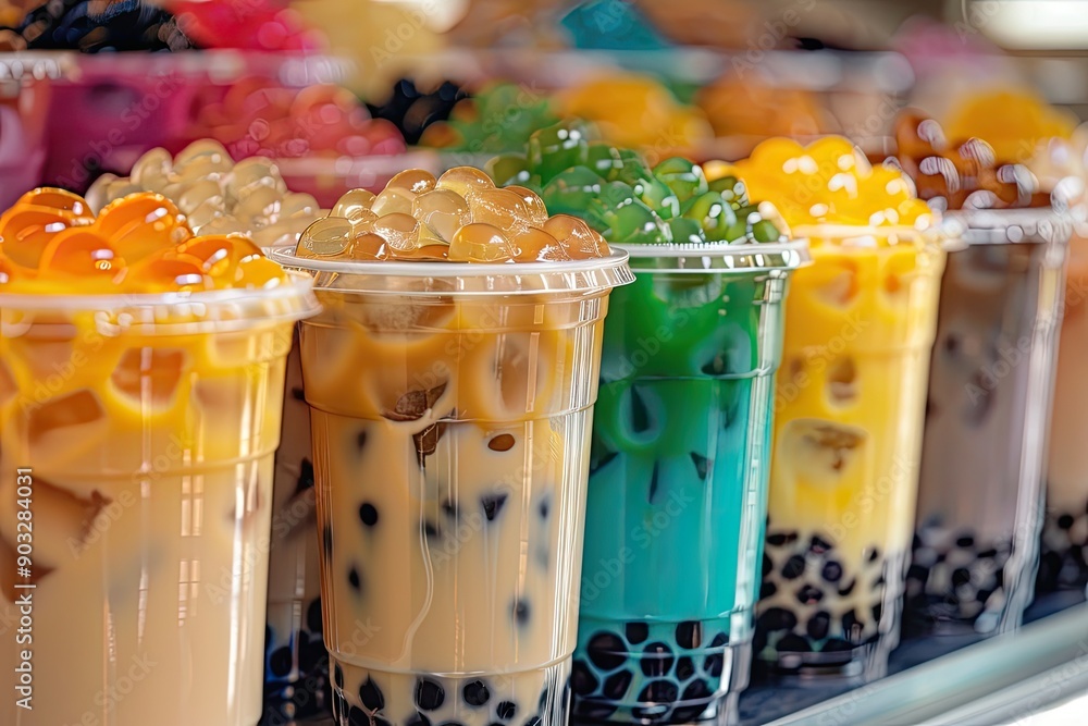Poster a row of colorful cups filled with different colored drinks. the cups are lined up next to each othe