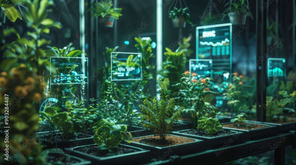 Poster A close-up of various plants growing in a controlled environment, with digital displays showing data about their growth and conditions.