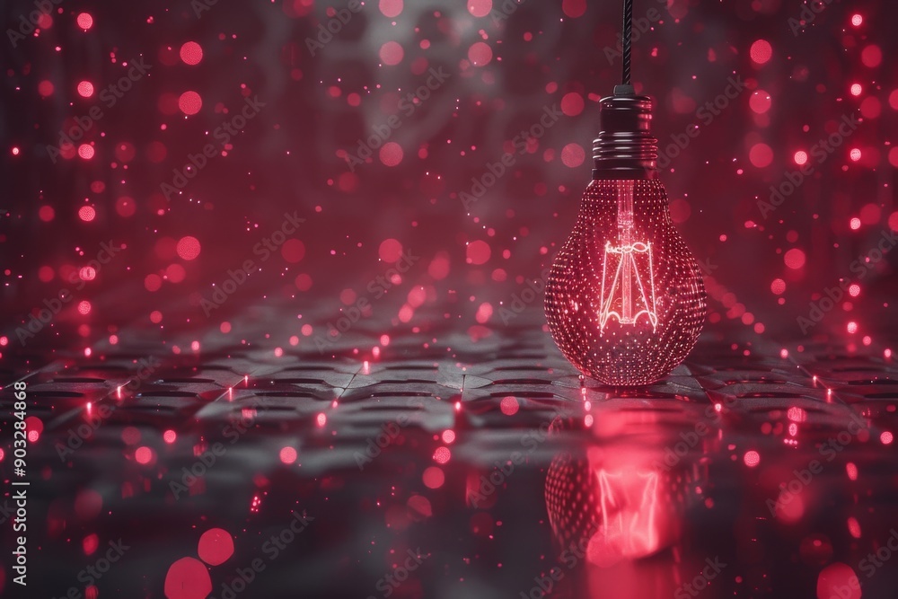 Poster red light bulb with wireframe connections in a dark setting symbolizing technological innovation and