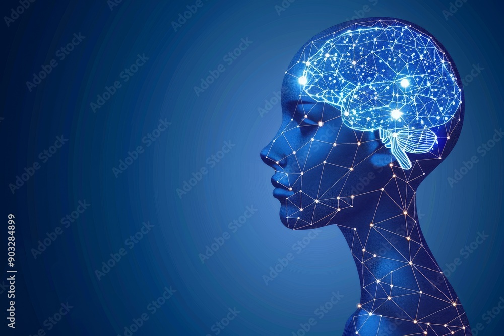 Poster blue glowing wireframe head with circuit connections on a dark background symbolizing technological 