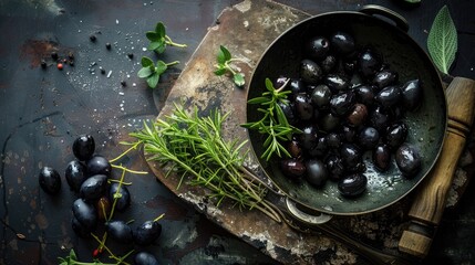 A bowl of black olives is on a wooden table with some herbs and spices