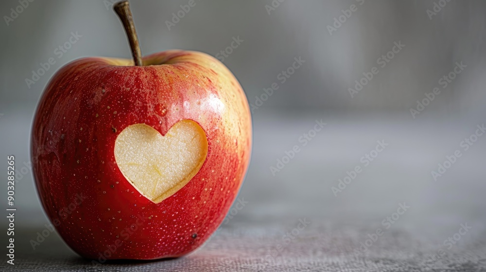Poster a heart is carved into the side of a red apple. the apple is placed on a table