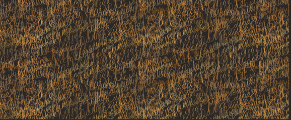 Abstract hand drawn doodles imitating pen golden written text. Vector seamless grunge pattern and magic symbols. For background, postcard, poster, print, greeting card.
