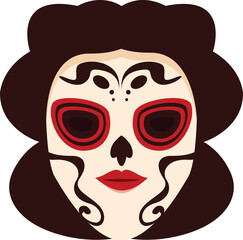 Woman with dark hair wearing traditional calavera makeup for day of the dead festivities