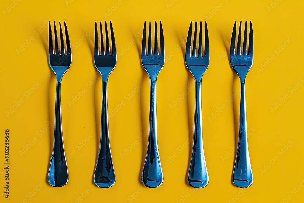 Poster a row of five forks are lined up on a yellow background. the forks are all the same size and shape, 