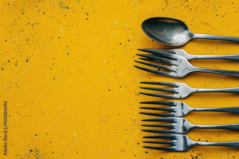 Poster a close up of a yellow background with a set of silverware including a fork and spoon. the fork is o