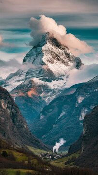 mutinous land scape with a tall maintain at the center piercing the clouds