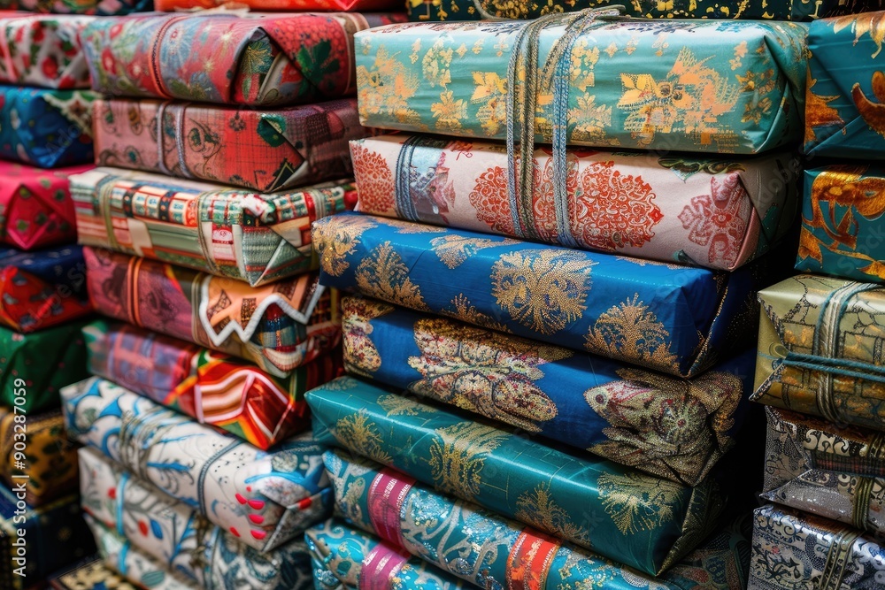 Poster a stack of colorful wrapping paper with a variety of patterns and designs. the paper is piled high, 