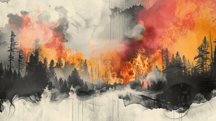 Contemporary Art Collage of Forest Engulfed in Flames

