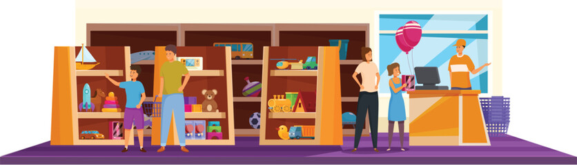 People choosing and buying toys in kids store with seller at counter illustration