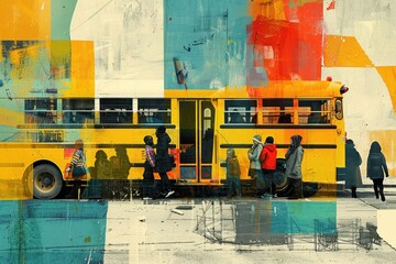 Contemporary Art Collage of Children Boarding School Bus

