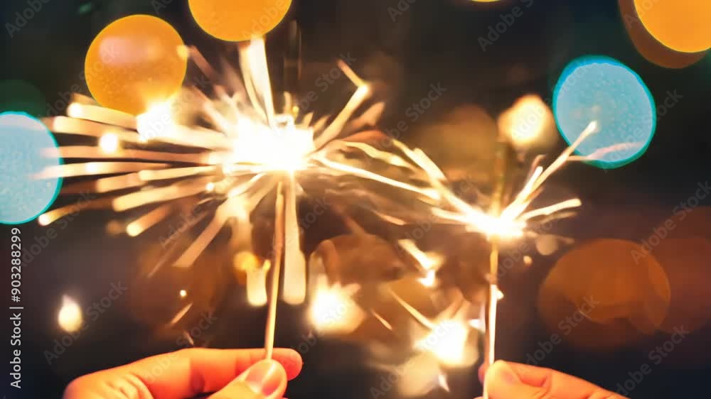 Poster hands holding sparklers with colorful bokeh in