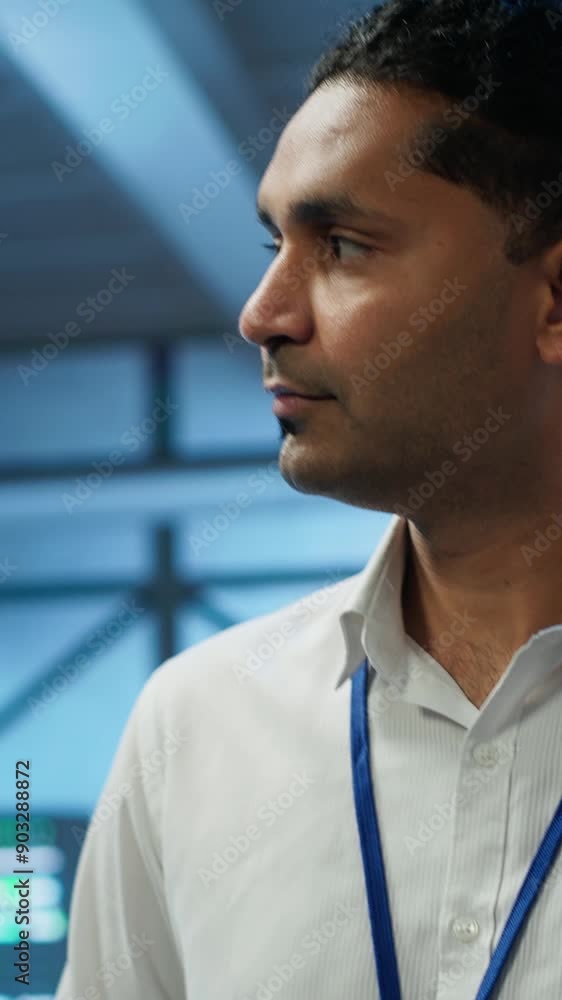 Poster vertical video system administrator walks in data center used for managing gear energy consumption, 