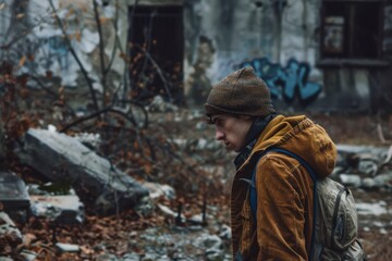 Obraz premium Young Explorer Investigates Abandoned Urban Location Covered in Graffiti During Autumn Day