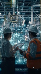Factory Workers Collaborating with Digital Interface
