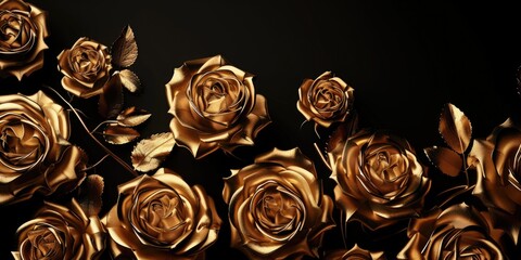 A close-up of a bunch of gold roses on a dark or black background, perfect for romantic and luxury-themed designs