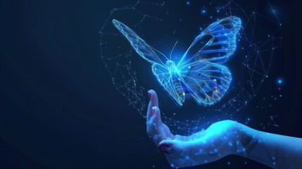 Blue Digital Butterfly effect on the businessman with glowing particles light