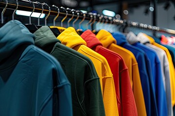 Naklejka premium A rack of colorful sweatshirts hanging on a clothesline. The colors include green, yellow, red, and blue