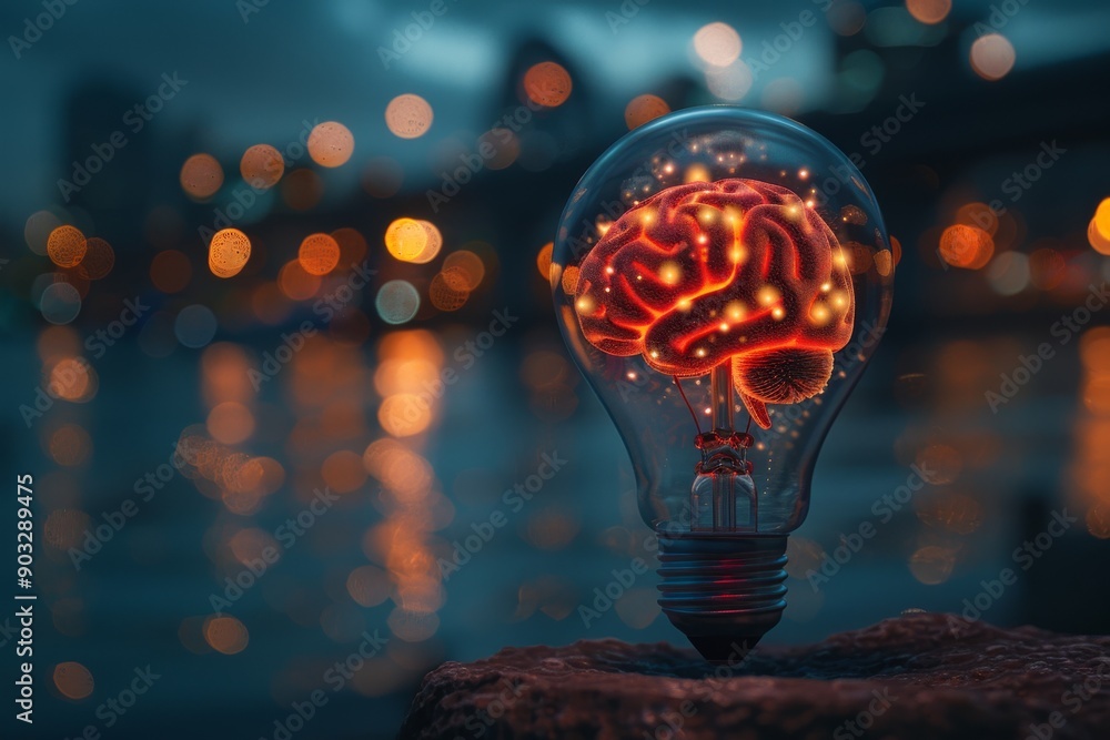 Aufkleber brain inside a light bulb with bokeh background symbolizing smart ideas intellectual power and creat