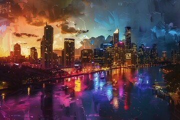 Colorful Abstract Art Painting of Brisbane Australia City Skyline Generative Illustration