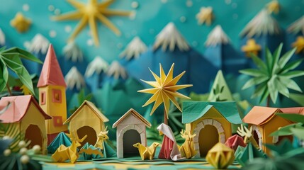 Obraz premium Origami Paper Town with Nativity Scene
