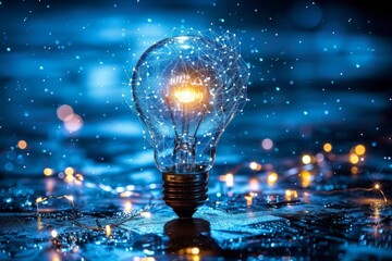 Light bulb with water splash symbolizing refreshing ideas creativity and the dynamic nature of innovation in a visually striking blue toned setting.