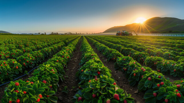 Sunrise over lush strawberry fields with a tractor working in the distance, highlighting agricultural beauty and productivity.