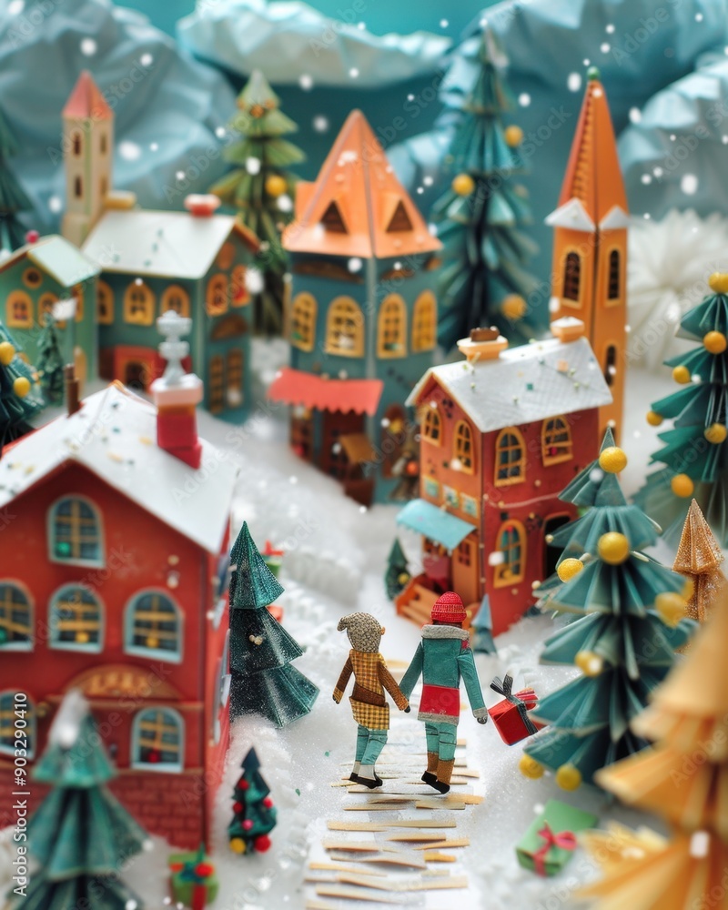 Wall mural Origami Paper Town with Couple Walking Through Snowy Christmas Street

