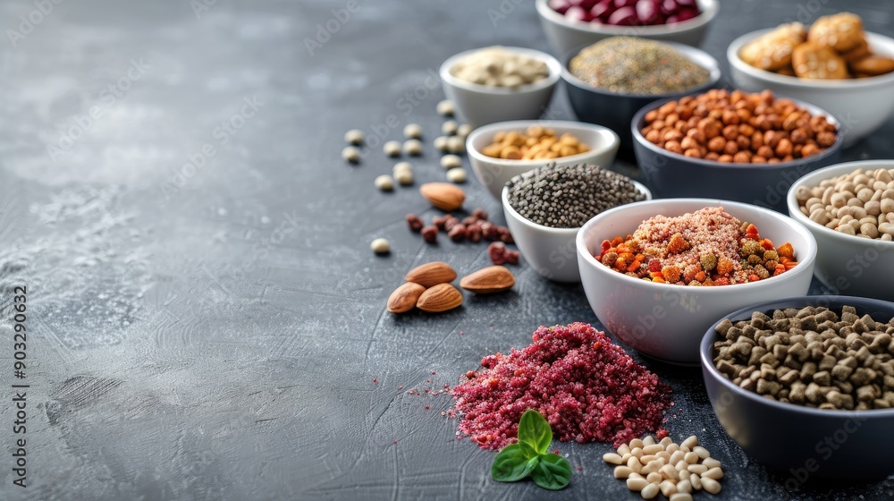 Poster a variety of different colored beans and nuts are displayed in bowls on a counter. the bowls are arr