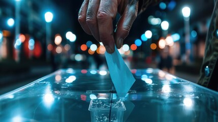 2. A close-up of a hand dropping a ballot into a transparent ballot box, with the voting booth in the background