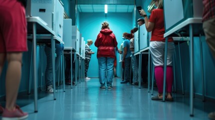 Obraz premium 3. A polling station interior with voting booths lined up and people casting their votes